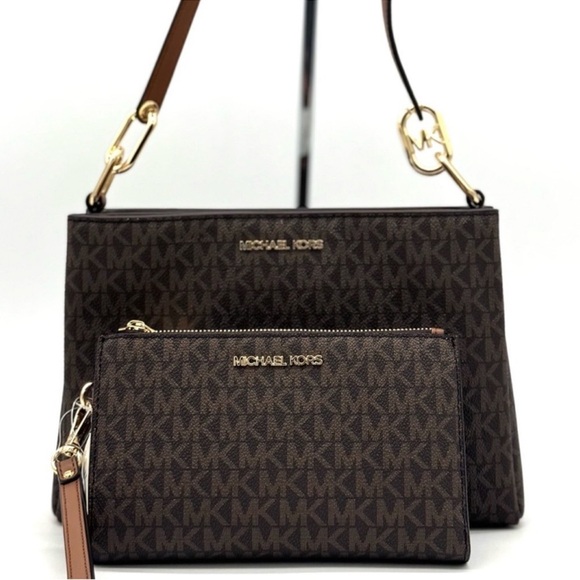 Michael Kors Trisha MD Triple Compartment Bag & Double Zip Wallet Set Brown - Picture 1 of 13